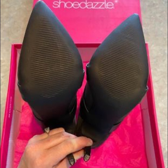 New grey suede size 9 ShoeDazzle stilettos with a 5” heel & faux leather straps. - Picture 4 of 4